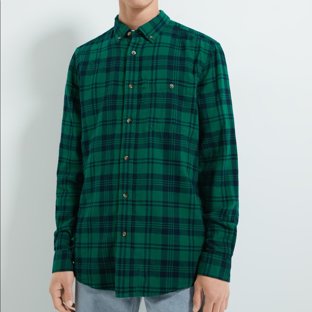 Zara men’s checkered shirt with distressed rips sz m NWT
